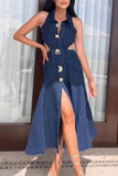 Button-Front Denim Maxi Dress