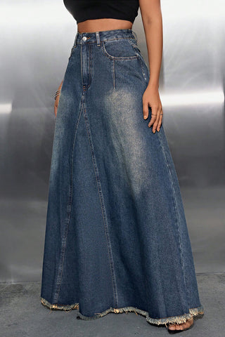Distressed Hem Denim Maxi Skirt