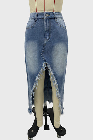 Distressed High-Low Denim Skirt