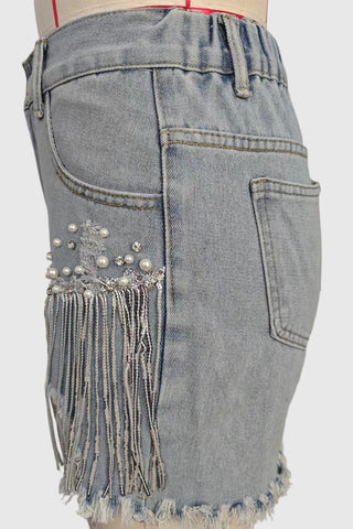 Fringe Accent Denim Shorts