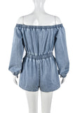 Off-Shoulder Denim Romper with Zipper Pockets