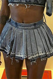 Pleated Mini Denim Skirt