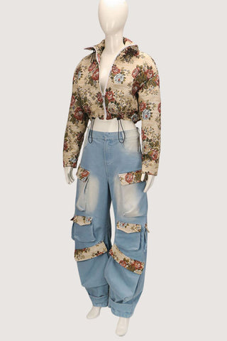 Floral Patch Pockets Wide-Leg Jeans