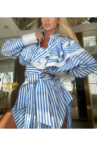 Asymmetrical Ruffle Belted Shirt Dress