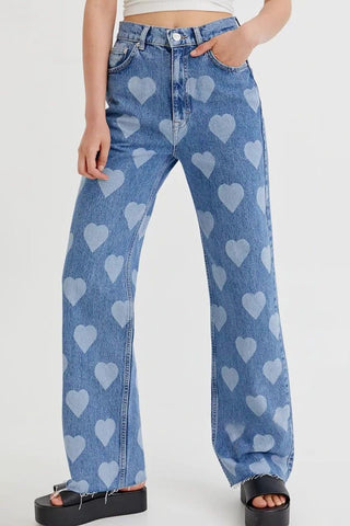 Heart-Print Straight Denim Jeans
