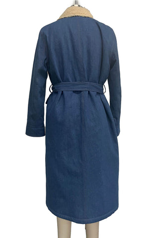Belted Denim Coat with Plush Trim
