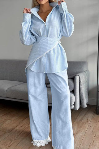 Striped Lace-Trim Pant Set