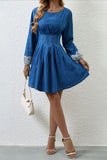 Elegant Denim Dress with Lace Cuffs
