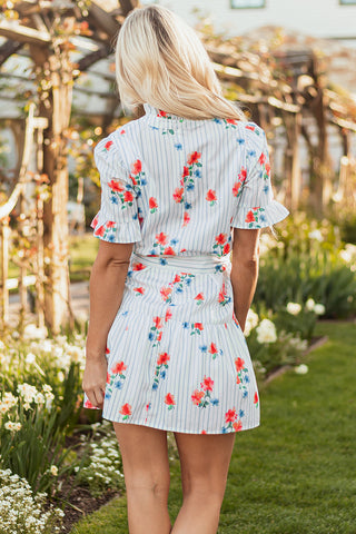 Stripe Floral Pattern Belted Mini Dress