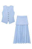 Button Vest and Pleated Skirt Set