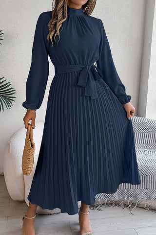 Pleated Midi Dress with Belt