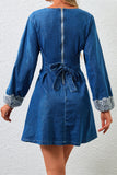 Elegant Denim Dress with Lace Cuffs