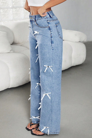 Bow-Accent Straight-Leg Jeans