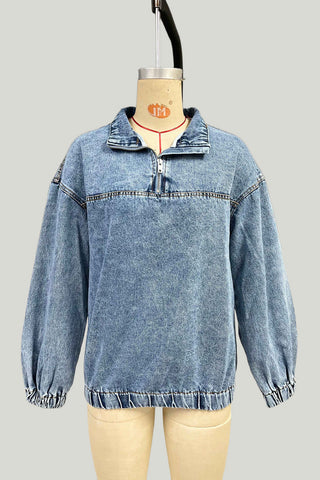 Zip-Front Denim Pullover Blouse