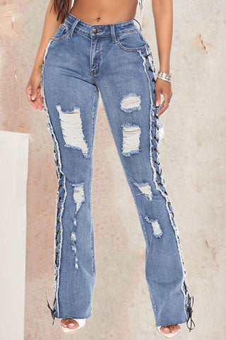 Distressed Lace-Up Straight Jeans