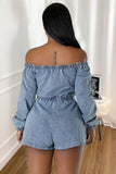 Off-Shoulder Denim Romper with Zipper Pockets