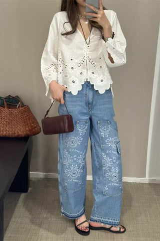 Patterned Straight Leg Jeans