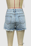 Patterned Denim Shorts with Distressed Hem