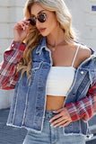 Button-Front Plaid Sleeve Denim Jacket