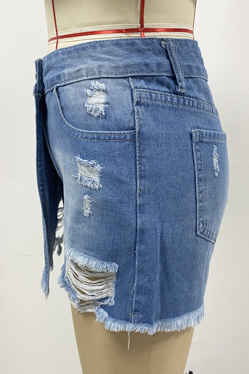 Distressed High-Waist Denim Shorts