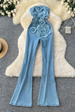 3D Floral Denim Jumpsuit