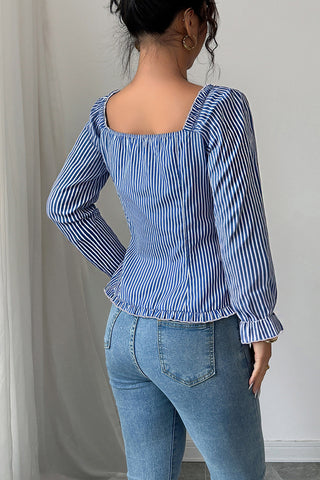 Stripe Button-Front Puff Sleeve Top
