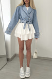 Belted Denim Blazer with Frayed Cuffs