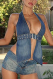 Halter Neck Denim Top with Studded Belt