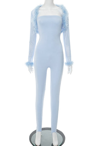 Feather Trim Off-Shoulder Jumpsuit