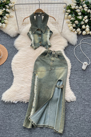 Button-Up Skirt Set with Stylish Vest