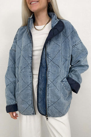 Quilted Zip-Front Denim Jacket