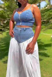 Pleated Wide-Leg Pants Set with Denim Top