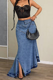 Asymmetric Hem Denim Maxi Skirt