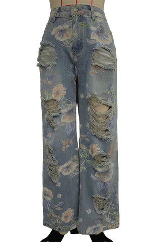 Floral Distressed Straight Jeans