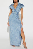 V-Neck Button Denim Maxi Dress