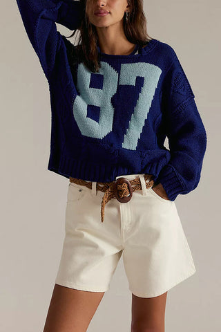 Number Graphic Cable Knit Sweater