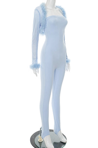 Feather Trim Off-Shoulder Jumpsuit