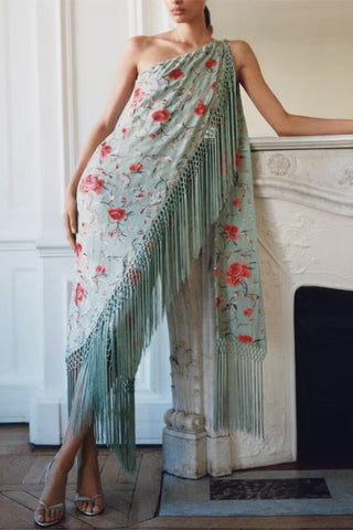Fringe Hem Floral Asymmetric Dress