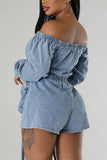 Off-Shoulder Denim Romper with Zipper Pockets
