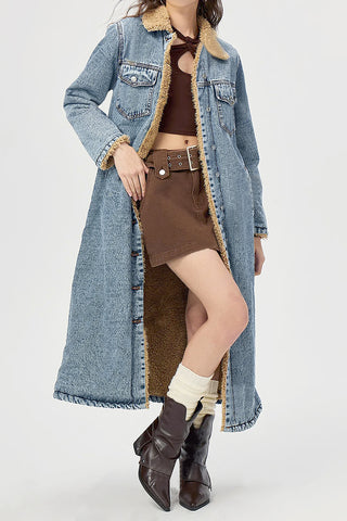 Longline Shearling-Lined Denim Coat