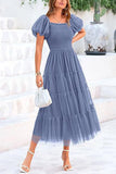 Puff-Sleeve Tiered Midi Dress