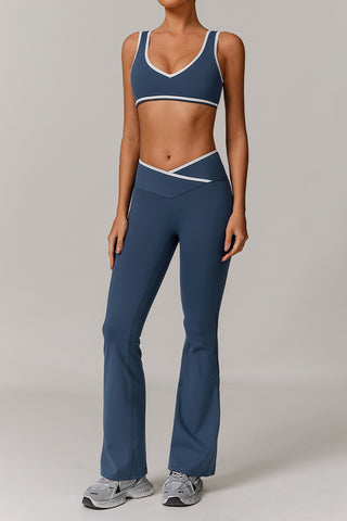 Plunge Neck Two-Piece Flared Pants Set