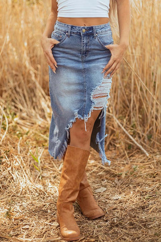 Irregular Distressed Denim Midi Skirt