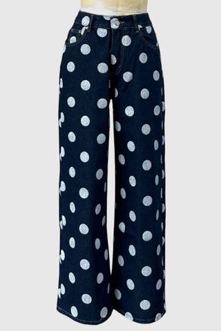 Polka Dot Denim Straight Jeans