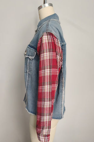 Button-Front Plaid Sleeve Denim Jacket