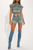Denim Crop Top and Shorts Set