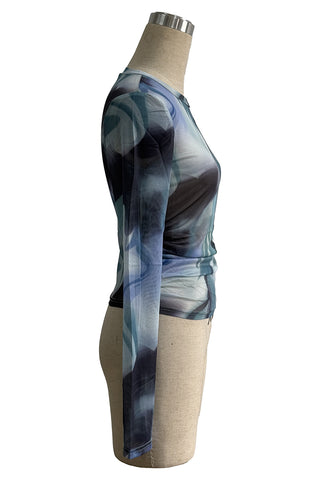 Abstract Print Long Sleeve Mesh Top