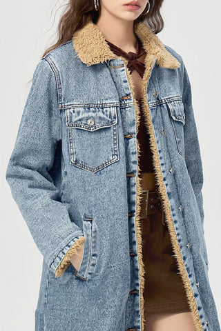 Longline Shearling-Lined Denim Coat