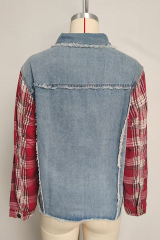 Button-Front Plaid Sleeve Denim Jacket