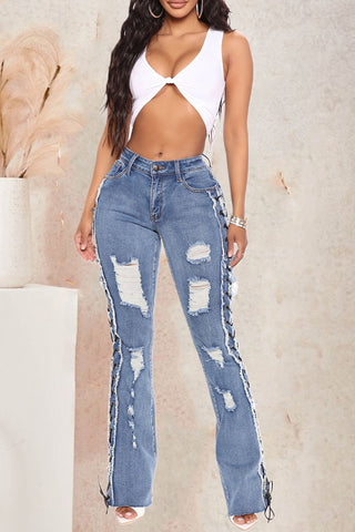 Distressed Lace-Up Straight Jeans